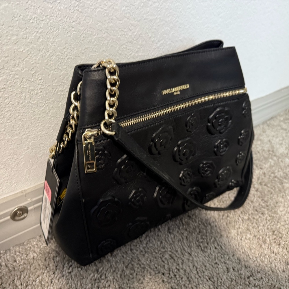 Karl Lagerfeld Black Leather Floral Embossed Shoulder Bag